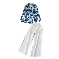 Ensemble deux pièces pour femmes, chemise à manches longues à imprimé décontracté et pantalon large à taille haute pour le printemps et l'été