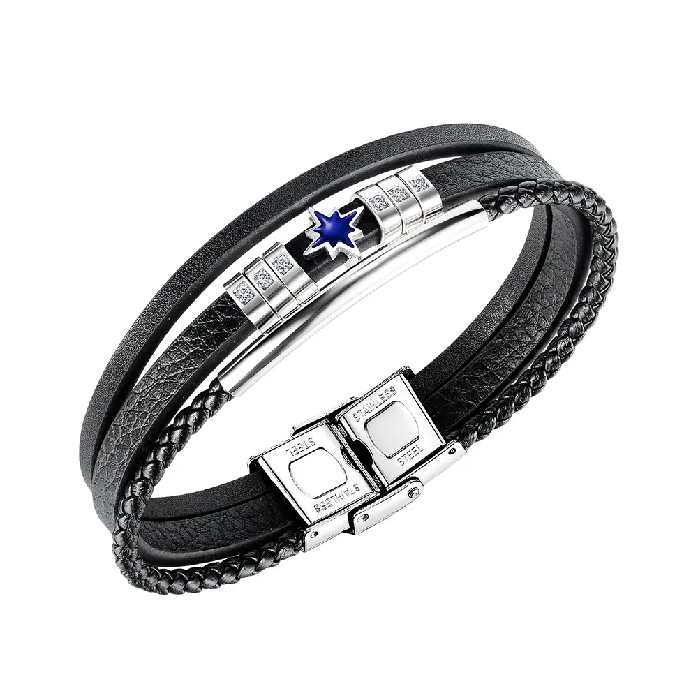 Male Fashion Wholesale Personality Multilayer Leather Stainless Steel Synthetic Cubic Zirconia Diamond Leather Bracelet