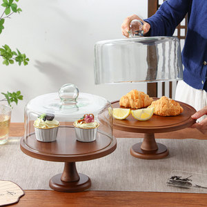 Plateau à gâteau rond haut en bambou avec couvercle en verre, présentoir à <span class=keywords><strong>pâtisserie</strong></span>, présentoir commercial, plateau de présentation de desserts de haute valeur - Product Image 2