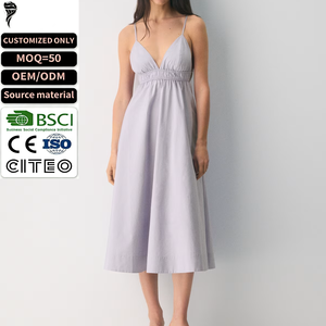 OEM ODM Women Spaghetti Strap Midi <b>Dress</b> Deep V Neck <b>Elastic</b> Waist A-line Lavender Summer <b>Dress</b> Custom Logo - Product Image 1