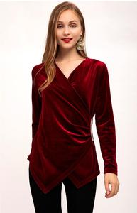 Camicetta alla moda in velluto Vintage con scollo a V per <span class=keywords><strong>donna</strong></span> Design <span class=keywords><strong>marrone</strong></span> personalizzato con paillettes autunno/primavera a maniche lunghe anteriore per il commercio all'ingrosso - Product Image 2