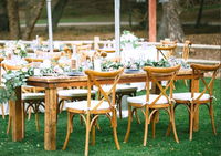 Chaise X à dossier croisé en résine plastique châtaigne, empilable, pour salle à manger extérieure, style ferme, pour événements