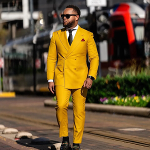 Completo da Uomo Giallo per Matrimonio, Abito da Cerimonia, Giacca+Pantaloni, Vestito Slim Fit, Smoking <span class=keywords><strong>Maschile</strong></span>, <span class=keywords><strong>Stile</strong></span> Britannico, <span class=keywords><strong>Abbigliamento</strong></span> da Sposo - Product Image 2