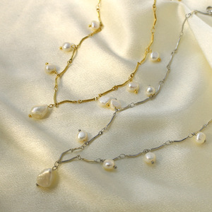 Pearl Necklace Oval Freshwater Pearl Stainless Steel Tassel Clavicle Chain Daily Wear Jewelry Gold Steel Color - Product Image 2