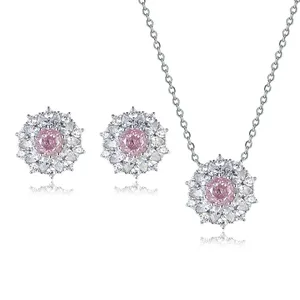 Iced Out Shiny Zircon Fancy Design Flower Pendant Necklaces And Stud Earrings Women Jewelry Sets