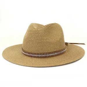 Flat brim straw hat women paper panama straw fedora hat men unisex sunscreen fedora hats straw