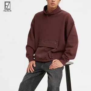 2023 Wholesale Mock Neck Sweatshirt Pouch Pockets logo Embroidered French Terry Essential Hoodie