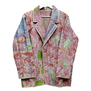 Multicolor Quilted Floral Embroidered Knitted Blazer Jacket with Patch Pockets Mandarin Collar Reversible Cotton Lined - Product Image 1