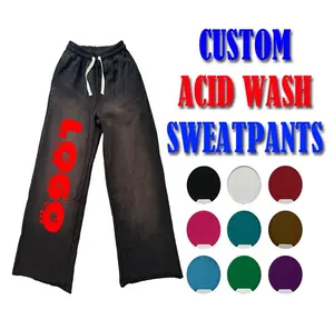 Pantalones de chándal acampanados lavados con ácido y algodón pesado personalizados, pantalones de chándal acampanados lavados con ácido con estampado Vintage de alta calidad