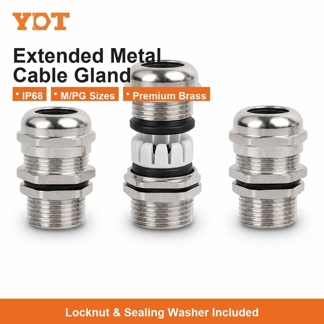 PG9 Thread Cable Gland, Extended Metal Brass Nickel-plated Sealed Fixed Waterproof Connector