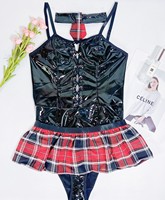 Lingerie de haute qualité Sexy bretelles en cuir Lingerie une pièce uniforme à carreaux jupe courte Pure Desire Lingerie ensemble pour les femmes