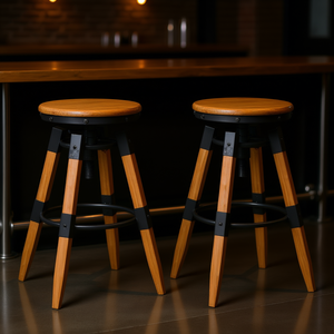 Tabourets de bar en bois de sapin massif et acier, finition bois naturel, design industriel moderne, ensemble de 2 meubles de bar pour la maison - Product Image 2