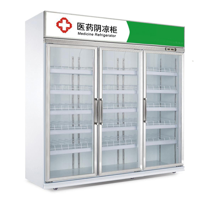 Commercial Single-Temperature Vaccine Refrigerator 3 Glass Doors Pharmacy Cooler for Medical Display Pharmaceutical Medicines
