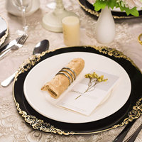 Assiette de présentation noire en plastique de 13 pouces avec bord doré, style vintage, pour mariage, assiette de table, sous-assiette en plastique