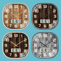 Jam Dinding Motif Kayu 12 Inci Dekorasi Rumah Ruang Tamu Jam Sederhana Kreatif Tanpa Suara Dengan Layar LCD Penunjuk Suhu dan Kelembapan CE
