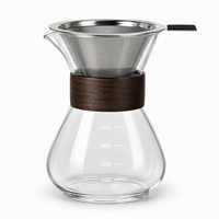 Carafe en verre pour cafetière à filtre avec col en bois, filtre en maille réutilisable en acier inoxydable, sans papier filtre, pour café filtre