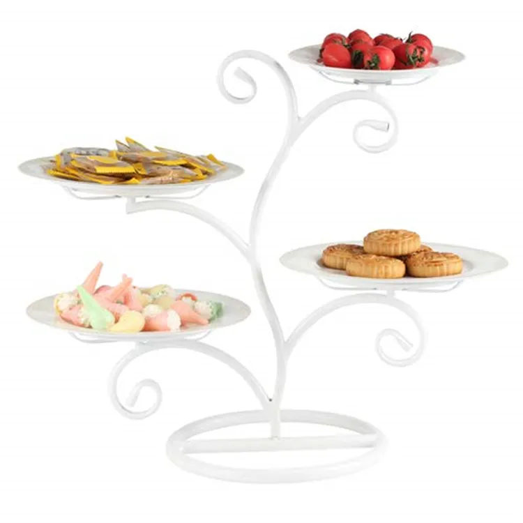 Fancy branch shape 4 Tiered dessert snack wedding plate luxury multi-layer fruit tray plate ceramics cake stand with Iron metal