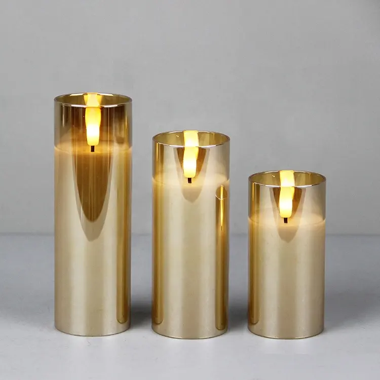 Velas de batería sin llama con mecha 3D de aspecto real de cristal dorado para la decoración de la boda