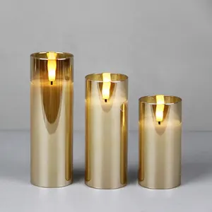 Velas de bateria sem chama com pavio 3D de vidro dourado real look para a decoração do casamento