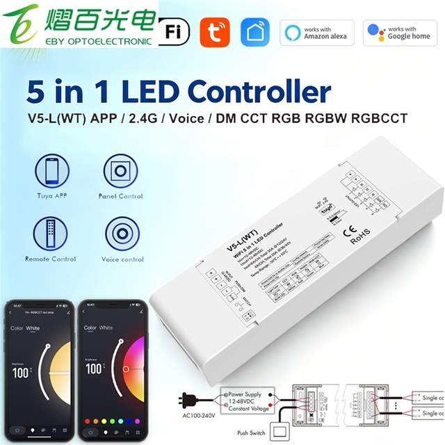 EBY V5-L(WT) Tuya Wifi LED Controller 5in1 Dimmer DC12V-48V for Single Color RGB RGBW RGBCCT LED Strip Light Work with Alexa