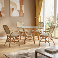 Ensemble de salle à manger moderne en rotin, 5 chaises à dossier croisé, table avec plateau en verre, style côtier, meubles pour la maison