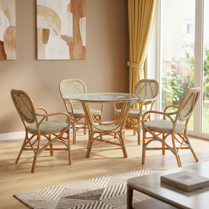 Modern Rattan Dining Set 5 Piece Cross Back Chairs Glass <b>Top</b> Table Coastal Style Home Furniture - Product Image 1
