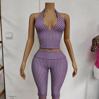 Nouvel Arrivage Été 2026 – Ensemble 2 Pièces Rayé Sans Manches Col V Halter et Pantalon Capri – Tenue Quotidienne – Logo Personnalisé – Qualité Supérieure – Vente en Gros