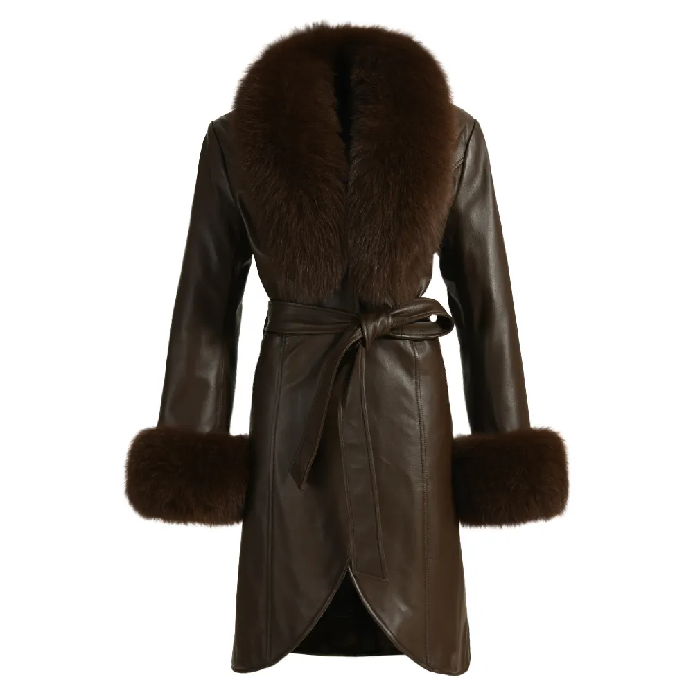 Autumn Windbreaker Slim Genuine Sheepskin Trench Coats with Belt Luxury Big Real Fox Fur Collar Women Long Brown Leather Coat