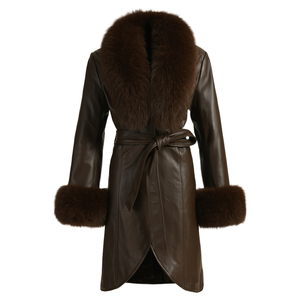 Cappotto Lungo in Vera <span class=keywords><strong>Pelle</strong></span> di Pecora per Donna, Stile <span class=keywords><strong>Trench</strong></span> con Cintura e Grande Collo in Vera Pelliccia di Volpe, Colore <span class=keywords><strong>Marrone</strong></span> - Product Image 1