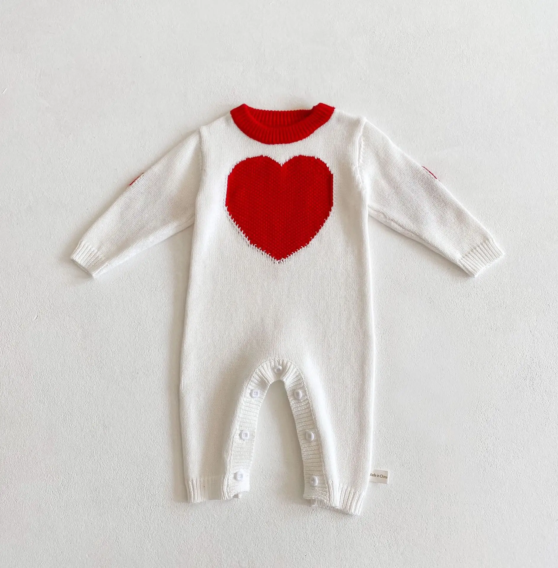 Autumn red love heart pattern Knitted Cotton Yarn Infant Children Baby boys girls Long Sleeve One-piece Romper