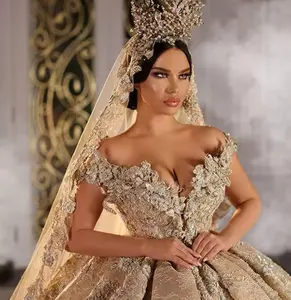 Champagne 3D Floral Appliques Lace Crystal Dubai Wedding Dress Ball Gown Off The Shoulder Corset For Saudi Arabic Bridal