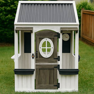 Maison de jeu en bois moderne blanche pour enfants, avec évier, cuisinière, fenêtres, cuisine avec casseroles et ustensiles - Product Image 3