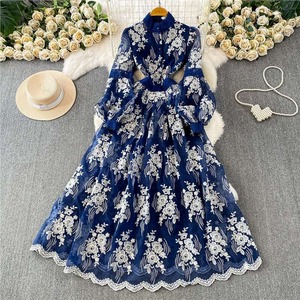 <b>Romantic</b> A-Line Embroidered Chiffon Empire Maxi <b>Dress</b> Lace Hollow Lantern Sleeve Scalloped Neck Vintage Floral Casual - Product Image 2