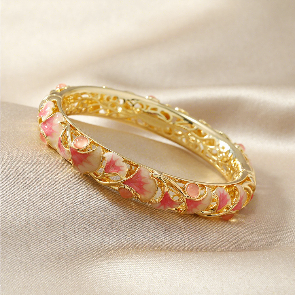 Cloisonné (enamel) ginkgo leaf bangle Pink