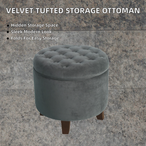 Pouf <span class=keywords><strong>de</strong></span> <span class=keywords><strong>rangement</strong></span> rond moderne en velours capitonné avec couvercle amovible, <span class=keywords><strong>banc</strong></span> <span class=keywords><strong>de</strong></span> <span class=keywords><strong>rangement</strong></span> beige pour salon, entrée, chambre - Product Image 2