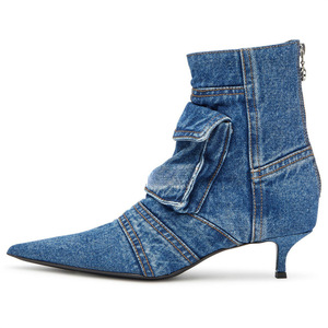 Denim Pockets Ankle Boots Low Heels Dress Stiletto Women Jeans Back Zipper Shoes Retro Styles Short <b>Booties</b> - Product Image 3