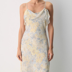 Vestido Midi de Gasa con Estampado Floral Acuarela para Mujer, Cuello Drapeado, Tirantes Finos, Elegante y Fluido para Vacaciones y Fiestas - Product Image 5