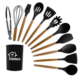 Bán buôn tùy chỉnh đồ dùng nhà bếp Set 12 Piece Silicone đồ dùng nhà bếp Set Silicone đồ nấu nướng với tay cầm bằng gỗ để nấu ăn - Product Image 5
