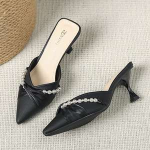 Sandalias de verano de nuevo estilo para mujer con tiras de hebilla de una pieza, tacones altos, lazo y detalles de perlas - Product Image 5
