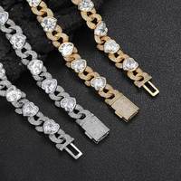 100% passe diamant test argent glacé VVS chrome rose moissanite coeur design chaîne bracelet