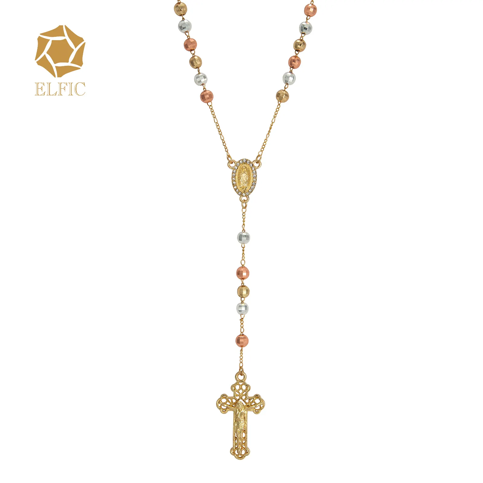 Elfic Placcato Oro Tre Colori Della Collana Cubic Zirconia Vergine Maria Della Collana della collana del rosario