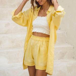 Camisa de Manga Larga Amarilla de Playa de Alta Calidad, Camisa de Color Sólido para Mujer, Camisa de Lino Transpirable Holgada Personalizada - Product Image 3