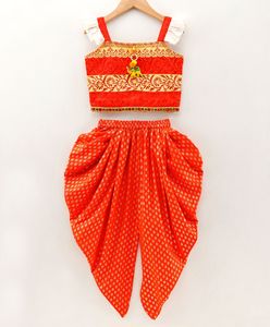 Ensemble de vêtements ethniques pour filles Twisha, haut à manches bouffantes imprimé orange et jaune et pantalon dhoti imprimé (6 mois à 14 ans) - Product Image 1