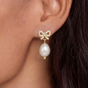 Copper 18K <b>Gold</b> Pave CZ Bow Knot Oval White Pearl Drop <b>Earrings</b> for Women Zircon Ribbon Pearl <b>Dangle</b> Jewelry Sweet Gift - Product Image 2