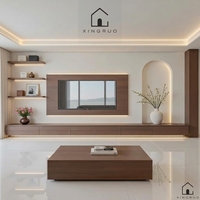 Meuble mural TV moderne personnalisé XINGRUO avec panneau média en grain de noyer, étagères ouvertes et rangement LED