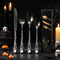 Ensemble de couverts de luxe en acier inoxydable, motif crâne gothique, finition poli miroir, pour Halloween, avec boîte cadeau, vaisselle noire de style occidental