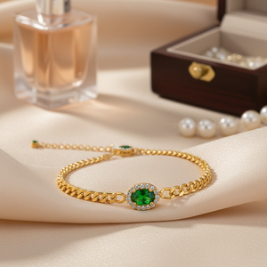 Emerald CZ Stone Oval Shape Charm Gourmet <b>Chain</b> Wholesale Handmade 925 Sterling Silver Jewelry Charm Bracelet - Product Image 3