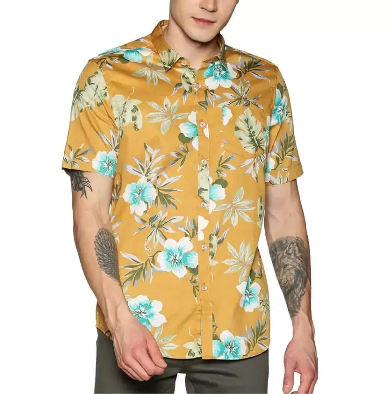 Camicia hawaiana con stampa Casual estiva da uomo personalizzata camicia stampata a maniche corte con foglia floreale in cotone verde