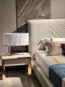 Lit double moderne de luxe léger, inspiré de l'italie, avec tête de lit en cuir PU, mobilier de chambre pour villa - Product Image 5
