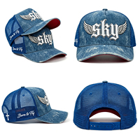 Gorra Trucker de Diseño Personalizado, Estilo Vintage, 5 Paneles, Visera Curva, Denim Lavado, Bordado 3D, Casual, Hip-hop, Unisex, para Exteriores, con Malla